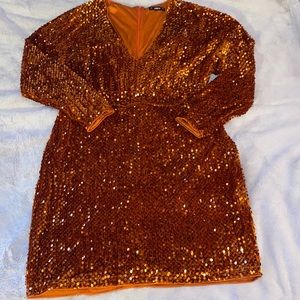 Shein plus 1X velvet and sequin mini dress long sleeve stretch thick Rust color